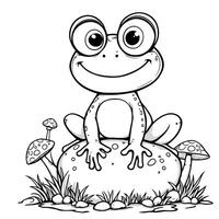 Cute Cartoon Frog Sitting on a Rock Surrounded by Grass and Mushrooms for Coloring Book Page vector