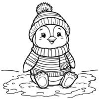Adorable Little Penguin Wearing a Striped Hat and Scarf Sitting in the Snow Fun Winter Activity Coloring Page vector