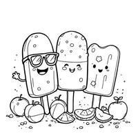 Adorable Kawaii Popsicle Characters Enjoying a Sunny Summer Day with Fresh Fruit and Fun Details vector