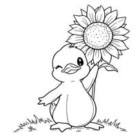 Cute Baby Duckling Holding a Large Sunflower in a Charming Line Art Drawing for Coloring Fun vector