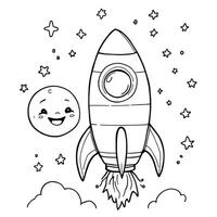 Cute Rocket Ship Flying Through Space with Happy Moon and Stars for Children Coloring Book vector