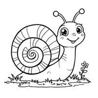 Cute Smiling Snail with Swirly Shell on Grassy Ground Next to a Small Flower Line Art Coloring Page vector