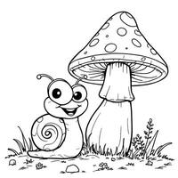 Cute Cartoon Snail Resting Under a Spotted Mushroom in a Grassy Field for Coloring vector