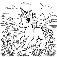 Charming baby unicorn prancing through a field of wildflowers under a bright sunny sky vector