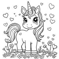 Cute Unicorn with Flowers and Hearts for Coloring Fun and Creative Expression vector
