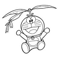 Happy Cartoon Robot Flying with Leafy Propeller Line Art Coloring Page for Kids and Adults vector