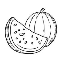 Cute Happy Watermelon Slice and Whole Fruit Line Art Coloring Page for Kids vector