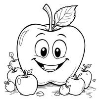 Whimsical Smiling Apple Character Surrounded by Cute Baby Apples and Leaves Line Art Coloring Page vector