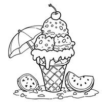 A Deliciously Drawn Ice Cream Cone with Watermelon Slices and a Tiny Umbrella for Summer Fun Coloring Page vector