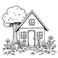 Charming Simple Cottage with a Large Tree and Blooming Flowers in a Garden Coloring Book Page vector