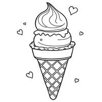 Cute Double Scoop Ice Cream Cone with Hearts Coloring Page for Kids and Adults vector