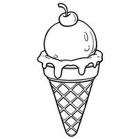 Simple Delicious Vanilla Ice Cream Cone with Cherry Topping Line Art Coloring Page for Kids and Adults vector