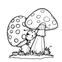 Cute Ladybug Resting on Spotted Mushroom Forest Scene Coloring Page for Kids and Adults vector
