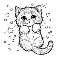 Adorable Fluffy Kitten Paws Up Surrounded by Sparkly Hearts and Stars Line Art Coloring Page vector