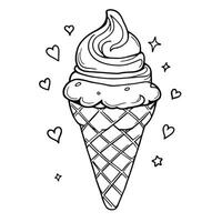 Cute Swirl Ice Cream Cone with Hearts and Stars for Coloring Fun vector