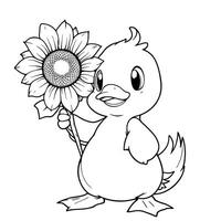 Adorable Baby Duck Holding a Large Sunflower in a Simple Line Art Coloring Page Illustration vector