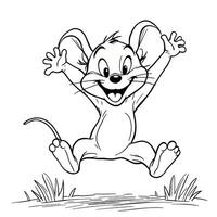Joyful little cartoon mouse jumping high in the air with excitement on grass line art coloring page vector