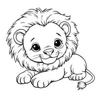 Cute baby lion cub with a fluffy mane lying down peaceful and happy line art coloring page for kids vector