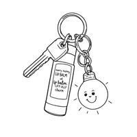 Cute light bulb and lip balm on keychain with keys line art illustration for coloring vector