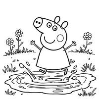 Joyful Pig Character Jumping in Puddle Surrounded by Flowers and Grass Line Art Coloring Page Design vector