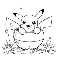 Cute Pikachu Peeking Out From a Pot Surrounded by Stars and Grass for Coloring Fun vector