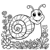 Cute cartoon snail with big eyes in a garden of flowers line art for coloring pages vector