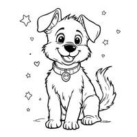 Cute Happy Puppy Sitting with Stars and Hearts Outline Drawing vector