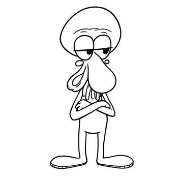 Funny Squid Character Standing Arms Crossed Grumpy Expression Simple Line Art Coloring Page vector