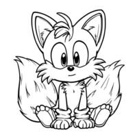 Cute Sitting Fox Cub with Multiple Tails Line Art Coloring Page for Kids and Adults vector