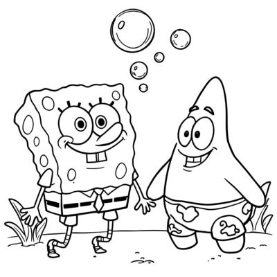 SpongeBob and Patrick Best Friends Walking Together Under Bubbles Line Art Coloring Page