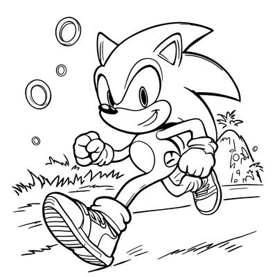 Fast Hedgehog Running Through a Field Collecting Rings Line Art Coloring Page for Kids and Adults