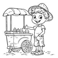 Happy Young Boy Selling Ice Cream From A Cart On A Sunny Day With A Wide Smile Line Art Coloring Page vector