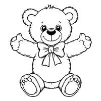 Happy Teddy Bear With A Big Bow Sitting Down Arms Open For A Hug Line Art Coloring Page For Kids vector