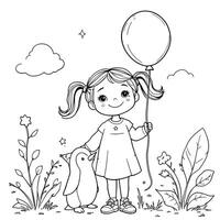 Cute Little Girl Holding a Balloon with a Penguin Friend in a Garden Line Art Coloring Page vector