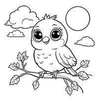 Cute Baby Bird Sitting on a Tree Branch Under the Sun and Clouds Simple Line Art Coloring Page vector