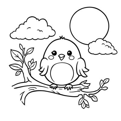 Cute Kawaii Bird Perched on a Branch Under a Big Circle Sky with Fluffy Clouds for Coloring Fun