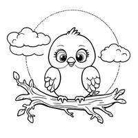 Adorable little baby bird sitting on a tree branch with fluffy clouds and a sun circle line art coloring page for kids easy and fun vector