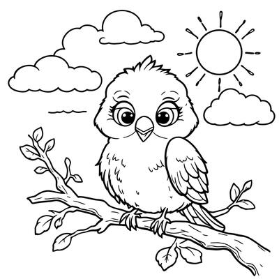 Adorable Fluffy Bird Sitting on a Branch Under the Sunny Sky with Clouds