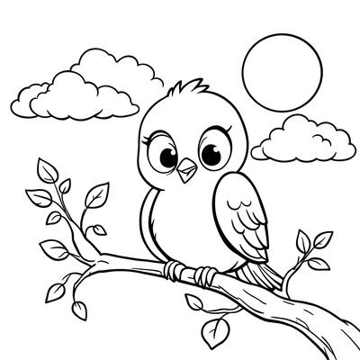 Adorable Baby Bird Sitting on a Tree Branch Under the Sun and Clouds for Coloring Fun