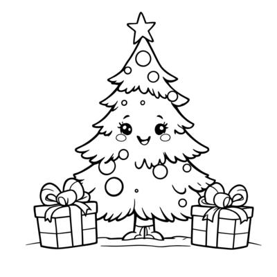 Cute Christmas Tree with Presents and Happy Face Line Art Coloring Page