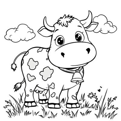 Cute happy cartoon cow with bell and spots in a field with grass and clouds line art coloring page