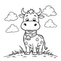 Cute Cartoon Baby Cow Standing in a Grassy Field with Fluffy Clouds in a Line Art Coloring Page vector