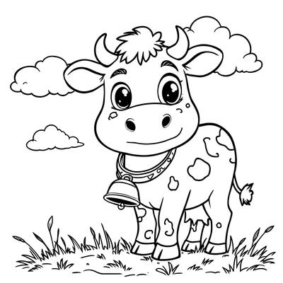 Adorable Baby Cow Standing in a Grassy Field with Clouds a Cute Farm Animal Line Art Coloring Page