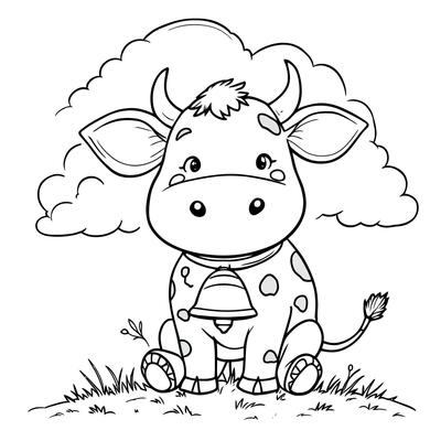Cute Cartoon Baby Cow Sitting Under Clouds with Bell on Neck Coloring Book Page Art