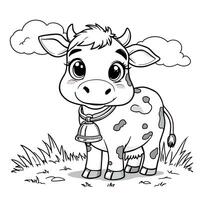 Cute Baby Calf Standing in a Grassy Field with Clouds Overhead in a Simple Line Art Design vector