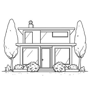 Simple Modern House with Large Windows and Two Trees on Either Side for Coloring vector
