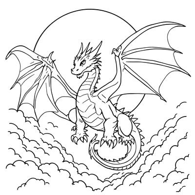 A Majestic Dragon Soaring Through the Clouds Under a Bright Moon Line Art Coloring Page for Creative Fun