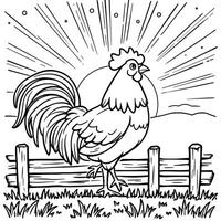 Rooster Crowing at Sunrise on a Farm Coloring Page for Kids and Adults vector