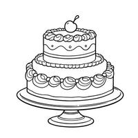 Elegant Two Tiered Birthday Celebration Cake with Cherry on Top Easy to Color Outline vector