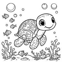Cute Cartoon Turtle Swimming Underwater with Small Fish and Seaweed for Children Coloring Book Page vector